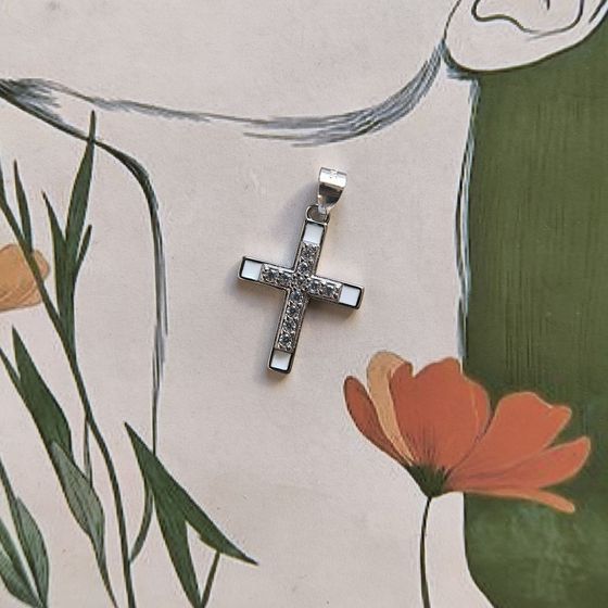 Срібний хрестик з фіанітами, емаллю