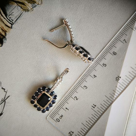 Sterling silver earrings with 10.745ct sapphire, pave diamonds