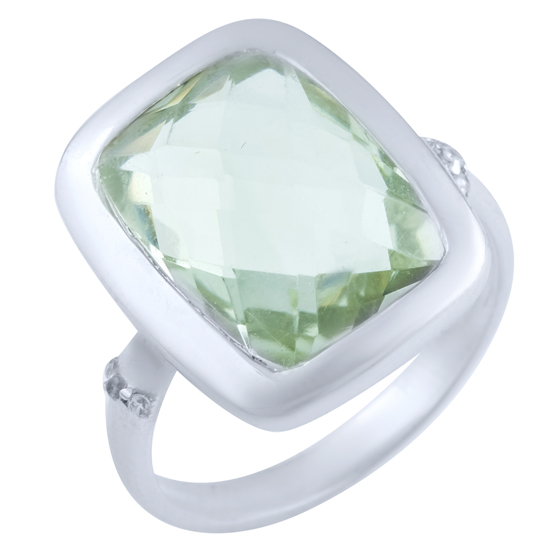 Серебряное кольцо с зеленим аметистом, фианитами