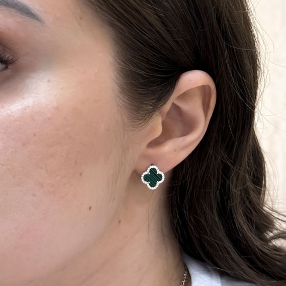 Silver earrings with malachite, fianites
