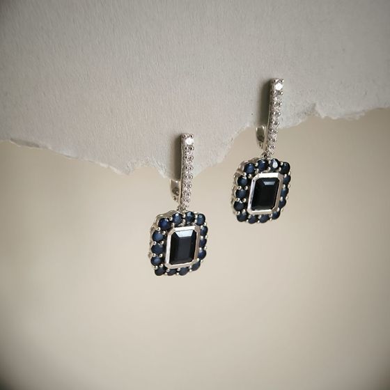 Sterling silver earrings with 10.745ct sapphire, pave diamonds
