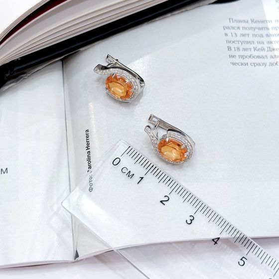 Silver earrings with gold quartz, fianites