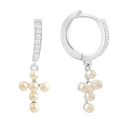 Серебряные серьги с жемчугом, фианитами