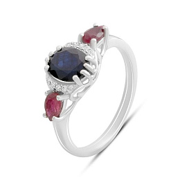 Silver ring with sapphire 2.135ct, ruby, fianites