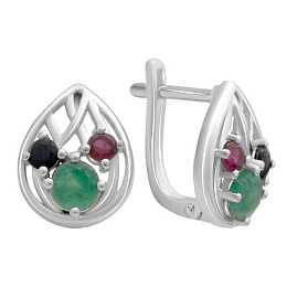 Серебряные серьги с сапфиром 4.05ct, изумрудом, рубином