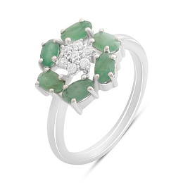 Срібна каблучка зі смарагдом, фіанітами
