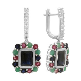 Срібні сережки з сапфіром 4.05ct, смарагдом, рубіном