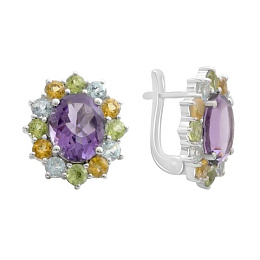Срібні сережки з аметистом 7.325ct, цитрином, хризолітом, топазом