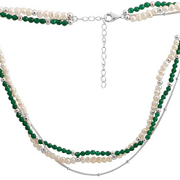 Silver necklace with baroque pearls, green jadeyed