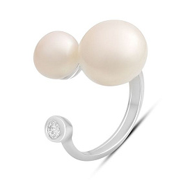 Silver ring with baroque pearls, fianites