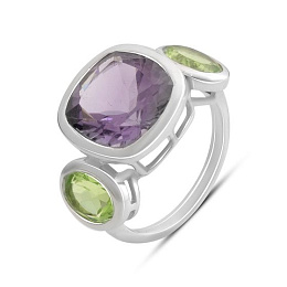 Серебряное кольцо с аметистом, хризолітом