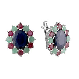 Срібні сережки з сапфіром 11,277 карата, смарагдом та рубіном