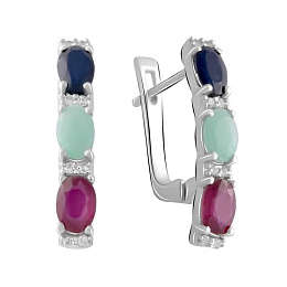 Срібні сережки з сапфіром 3.704ct, смарагдом, рубіном