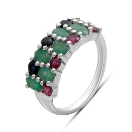 Серебряное кольцо с сапфиром 1.917ct, изумрудом, рубином