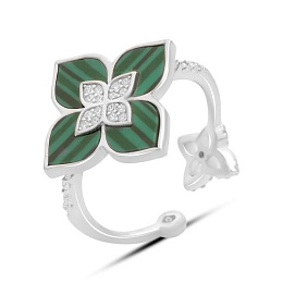 Silver ring with malachite, fianites