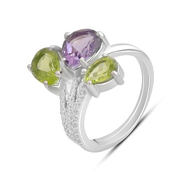 Серебряное кольцо с аметистом, хризолітом