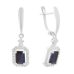 Silver earrings with sapphire 3.628ct, cubic zirconia