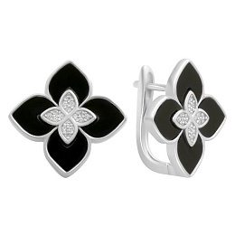 Серебряные серьги с ониксом, фианитами