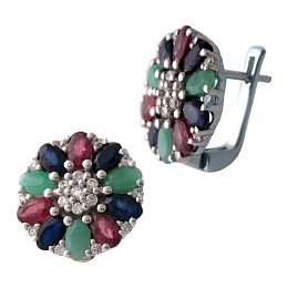 Срібні сережки з сапфіром 6,665 карата, смарагдом та рубіном