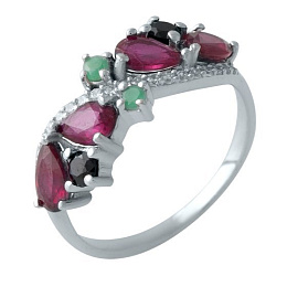 Серебряное кольцо с рубином 2.995ct, изумрудом, сапфиром