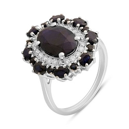 Серебряное кольцо с сапфиром, фианитами