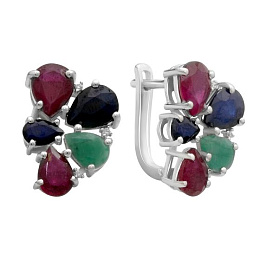 Срібні сережки з сапфіром 4.05ct, смарагдом, рубіном