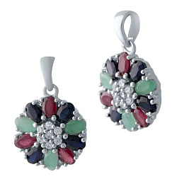 Silver pendant with a 3.278-carat sapphire, an emerald, and a ruby