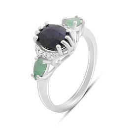Silver ring with sapphire 2.135ct, emerald, fianites
