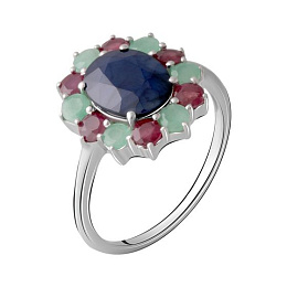 Silver ring with a 5.58-carat sapphire, an emerald, and a ruby