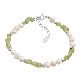 Silver bracelet with chrysolite, baroque pearls
