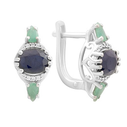 Серебряные серьги с сапфиром 4.337ct, изумрудом, фианитами