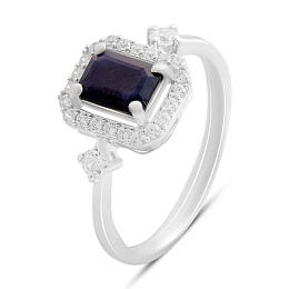 Серебряное кольцо с сапфиром, фианитами