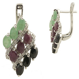 Silver earrings with 4.812ct emerald, sapphire, ruby
