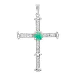 Серебряный крестик с изумрудом, фианитами