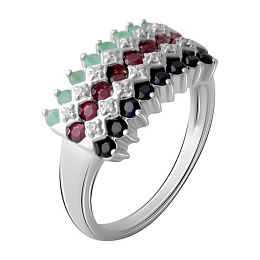 Серебряное кольцо с сапфиром, изумрудом, рубином