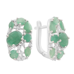 Серебряные серьги с изумрудом, фианитами