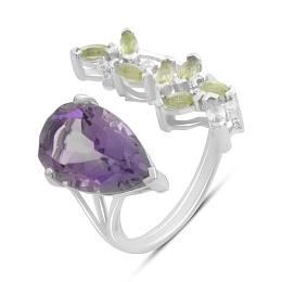 Серебряное кольцо с аметистом, хризолітом